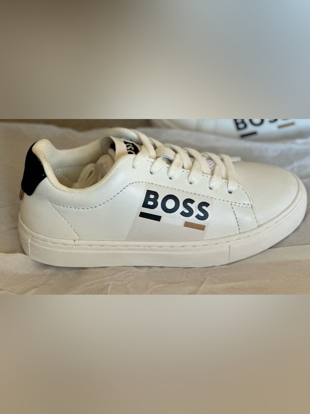 Boss White Leather Low-Top Sneakers with Black & Tan Accents